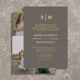 Invitación Con Relieve Metalizado Clásico Monograma Tradicional Marrón 4 Fotos Boda