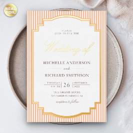 Invitación Con Relieve Metalizado Clásico Naranja Rayado Foto Boda Dorado