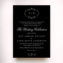 Invitación Con Relieve Metalizado clásico negro blanco dorado monograma de cresta bo
