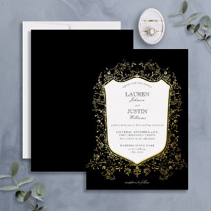 Invitación Con Relieve Metalizado Clásico Negro y Dorado Crest Boda