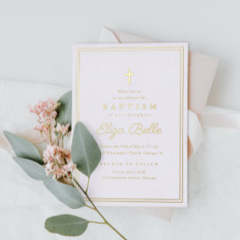 Invitación Con Relieve Metalizado Clásico Oro Bautismo Religioso y Cristianismo