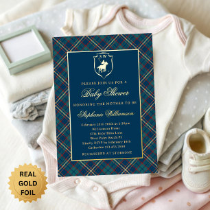 Invitación Con Relieve Metalizado Clásico Polo a Cuadros Azules Baby Shower Ecuestre