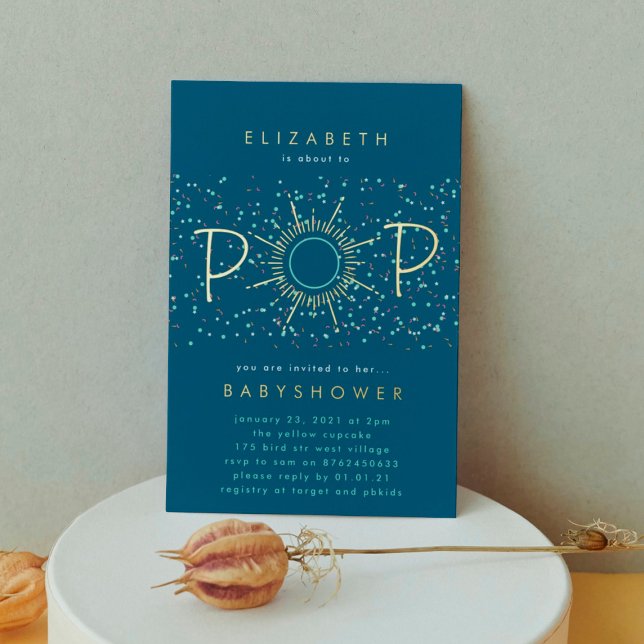 Invitación Con Relieve Metalizado Clásico POP Confetti Sexo Neutral Baby Shower (Subido por el creador)