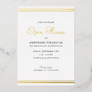Invitación Con Relieve Metalizado Clásico Profesional Oro de Casa Abierta de Negocio