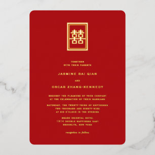 Invitación Con Relieve Metalizado Clásico Rectángulo doble felicidad Boda chino