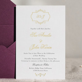Invitación Con Relieve Metalizado clásico romántico bodas monograma de oro real