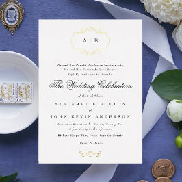 Invitación Con Relieve Metalizado clásico romántico de oro real enmarcado monograma 