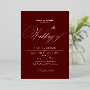 Invitación Con Relieve Metalizado Clásico Romántico Rosa Dorado Foil Burgundy Boda
