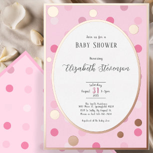Invitación Con Relieve Metalizado Clásico Rosa Lunares Bebé Shower Rosa Dorado