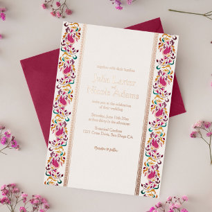 Invitación Con Relieve Metalizado Clásico Rosa Verde Amarillo Floral Cisne Pájaro Bo