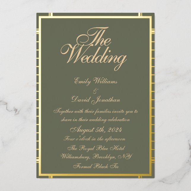 Invitación Con Relieve Metalizado Clásico Sage Green y Golden (Anverso)