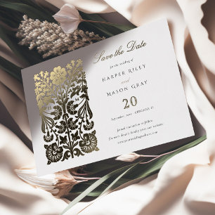 Invitación Con Relieve Metalizado Clásico Save the Date Floral Beige e Marfil