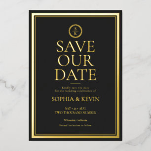 Invitación Con Relieve Metalizado Clásico Simple Elegante Oro Negro Guardar La Fecha