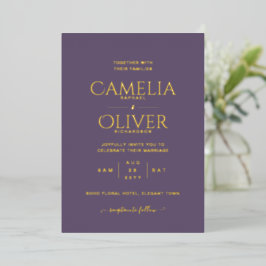Invitación Con Relieve Metalizado Clásico TEXTURA DE ORO HOJA Morado Boda Elegante H