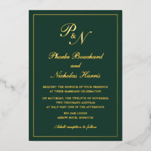 Invitación Con Relieve Metalizado Clásico Verde Bosque Elegante Boda