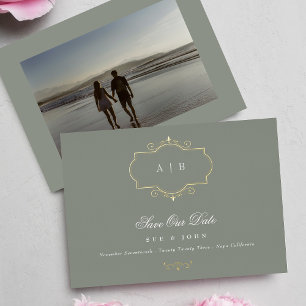 Invitación Con Relieve Metalizado clásico verde salvia oro guardar la fecha de boda