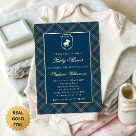 Invitación Con Relieve Metalizado Classic Blue Plaid Polo Equestrian Baby Shower