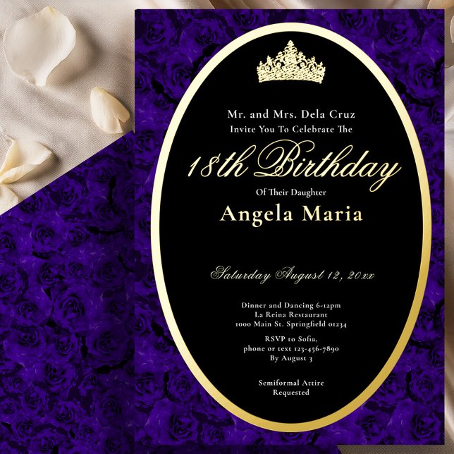 Invitación Con Relieve Metalizado Classic Blue Roses 18th Birthday Debut Gold (Subido por el creador)