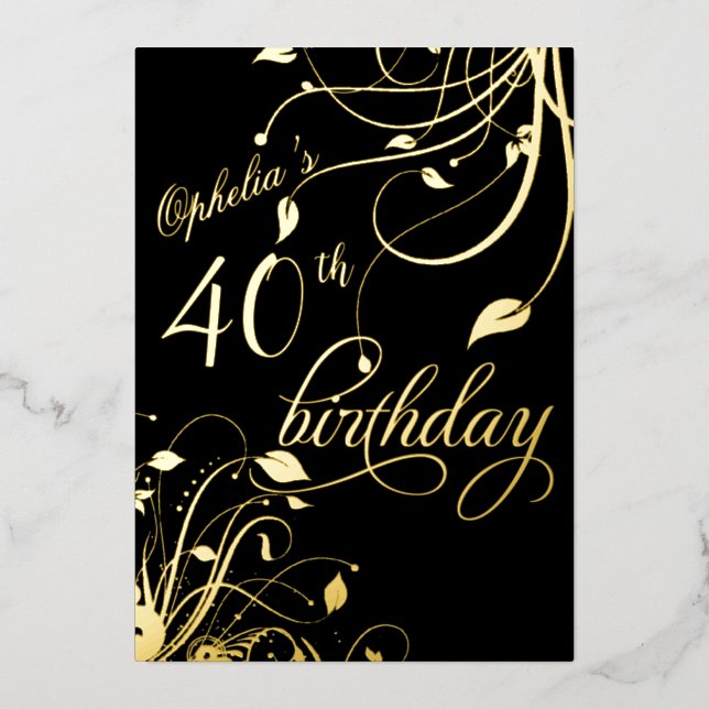 Invitación Con Relieve Metalizado Classic Elegant Black and Gold Birthday (Anverso)