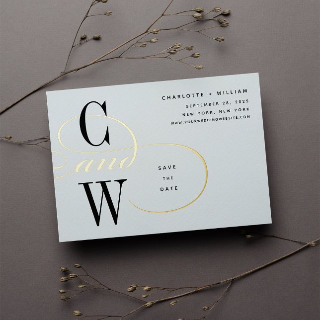 Invitación Con Relieve Metalizado Classic Flourish Foil Monogram Save the Date Card (Subido por el creador)