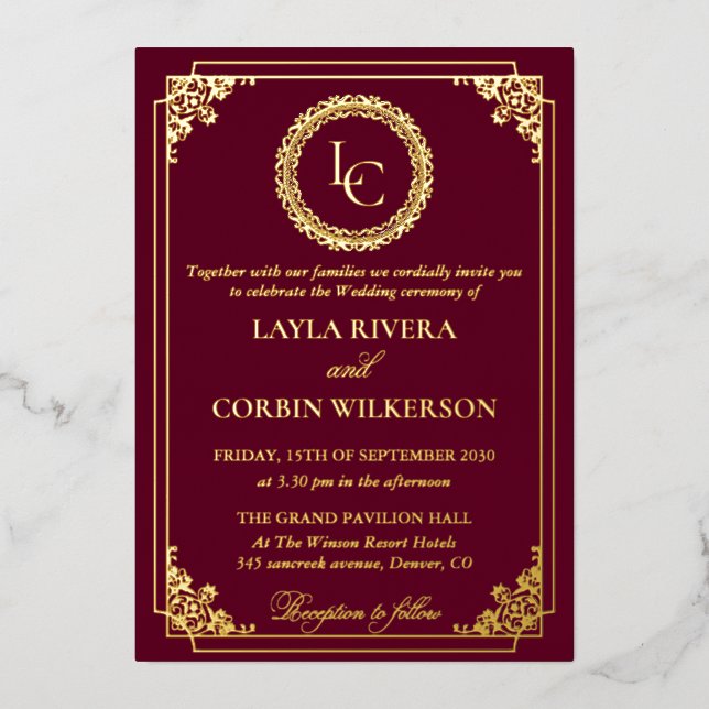 Invitación Con Relieve Metalizado Classic Gold Frame Royal Monogram Wedding (Anverso)
