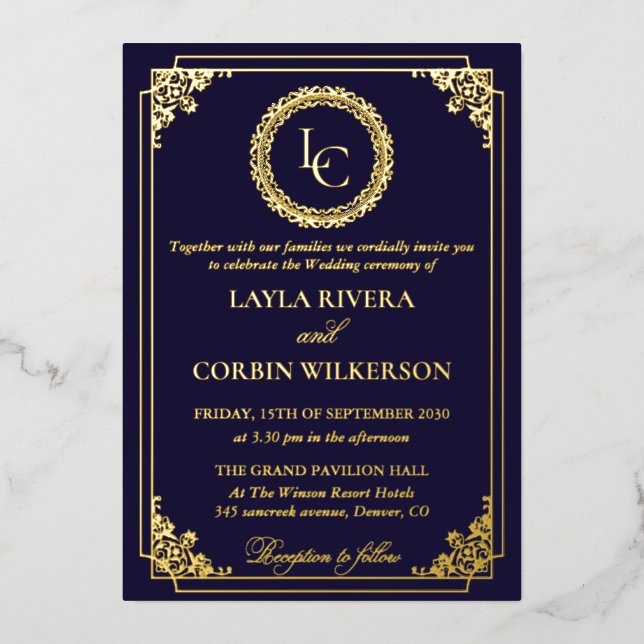 Invitación Con Relieve Metalizado Classic Gold Frame Royal Monogram Wedding (Anverso)