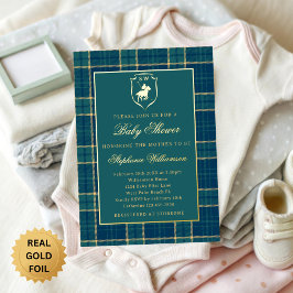 Invitación Con Relieve Metalizado Classic Green Plaid Polo Equestrian Baby Shower