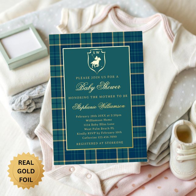 Invitación Con Relieve Metalizado Classic Green Plaid Polo Equestrian Baby Shower (Subido por el creador)