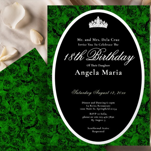 Invitación Con Relieve Metalizado Classic Green Roses 18th Birthday Debut Silver (Subido por el creador)