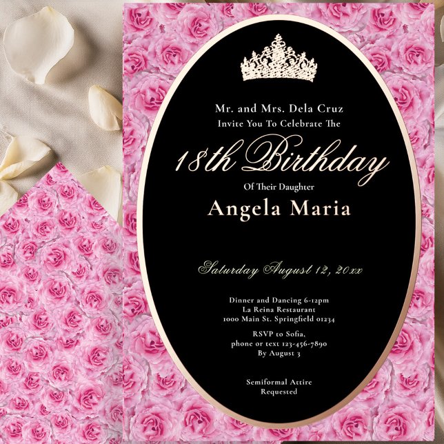 Invitación Con Relieve Metalizado Classic Pink Roses 18th Birthday Debut Rose Gold (Subido por el creador)