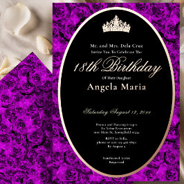Invitación Con Relieve Metalizado Classic Purple Roses 18th Birthday Debut Rose Gold
