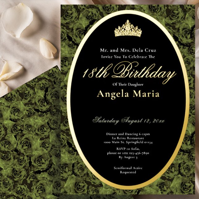 Invitación Con Relieve Metalizado Classic Sage Green Roses 18th Birthday Debut Gold (Subido por el creador)