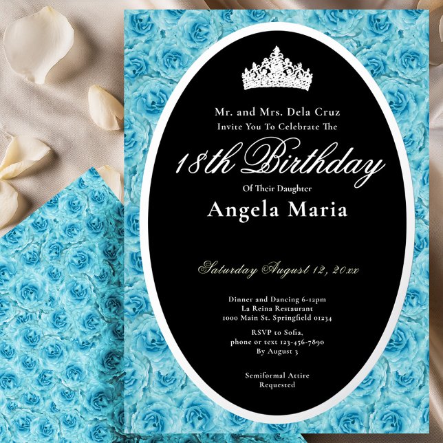 Invitación Con Relieve Metalizado Classic Teal Roses 18th Birthday Debut Silver (Subido por el creador)