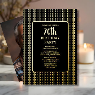 Invitación Con Relieve Metalizado Classy Black & Gold 70th Personalizado Birthday Pa