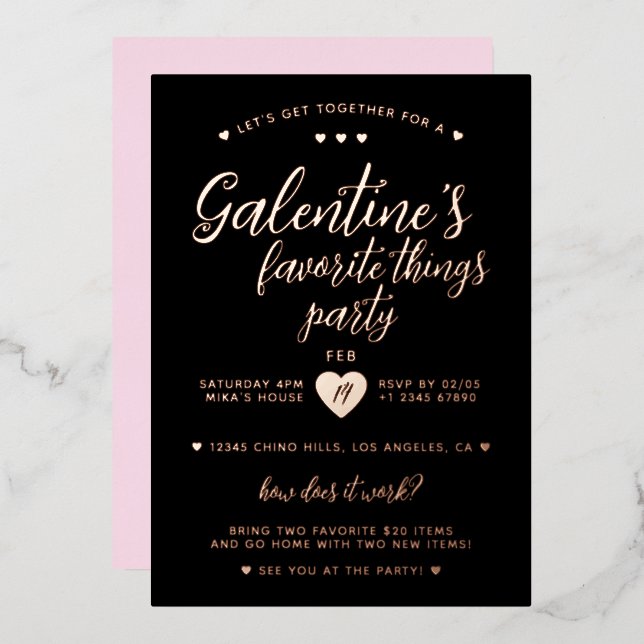 Invitación Con Relieve Metalizado Classy Galentine's Favorite Things Party  (Anverso/Reverso)