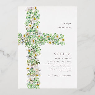 Invitación Con Relieve Metalizado Clover flor silvestre cruz el Bautismo