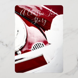 Invitación Con Relieve Metalizado Coche clásico y historia de amor boda rojo blanco
