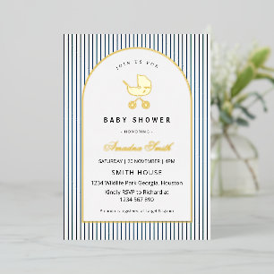 Invitación Con Relieve Metalizado Cochecito de Bebé Niño Rayas Azules Moderno y Mini