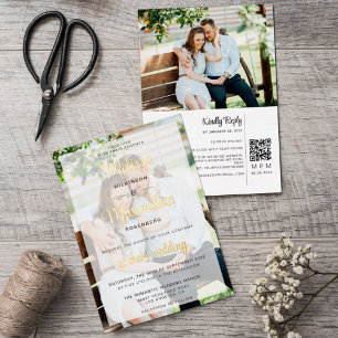 Invitación Con Relieve Metalizado Código QR de 2 fotos de escritura en oro moderno R