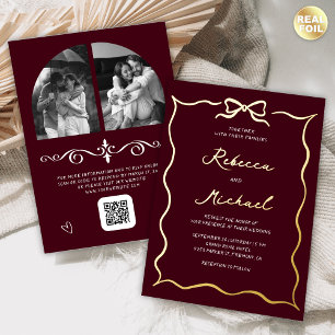 Invitación Con Relieve Metalizado Código QR de Arco Dibujado a Mano Foto Boda Borgoñ
