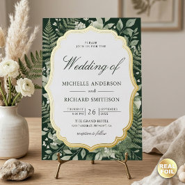 Invitación Con Relieve Metalizado Código QR de boda de bosque encantado acuarela dor