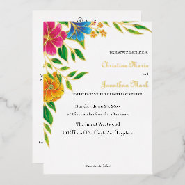 Invitación Con Relieve Metalizado Código QR de boda de flores brillantes de primaver