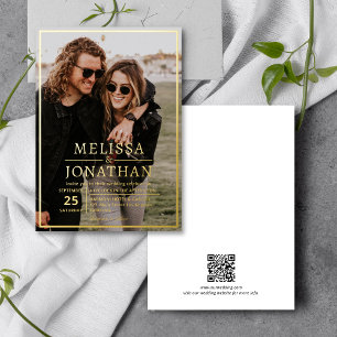 Invitación Con Relieve Metalizado Código QR de foto con borde dorado elegante y letr