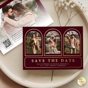 Invitación Con Relieve Metalizado Código QR de Foto de Boda en Dorado Burdeos Save t