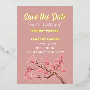 Invitación Con Relieve Metalizado Código QR de foto floral de flor de cerezo Boda