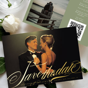 Invitación Con Relieve Metalizado Código QR de Fotografía de Caligrafía Dorada Elega