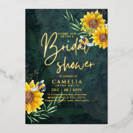 Invitación Con Relieve Metalizado Código QR de la DUCHA NUPCIAL de girasoles verdes 