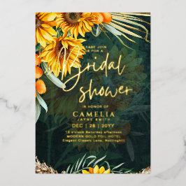 Invitación Con Relieve Metalizado Código QR de regadera de novia de girasoles rústic