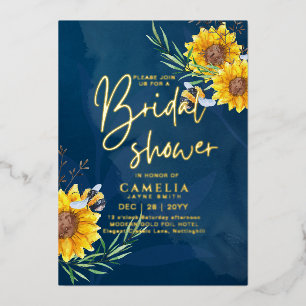 Invitación Con Relieve Metalizado Código QR de regadera nupcial de girasoles azules 