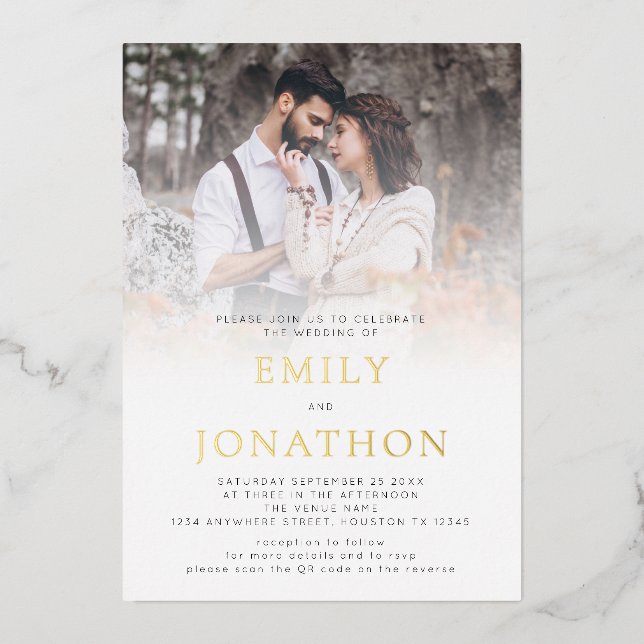 Invitación Con Relieve Metalizado Código QR de Superposición de Fotos Modernas Boda  (Anverso)